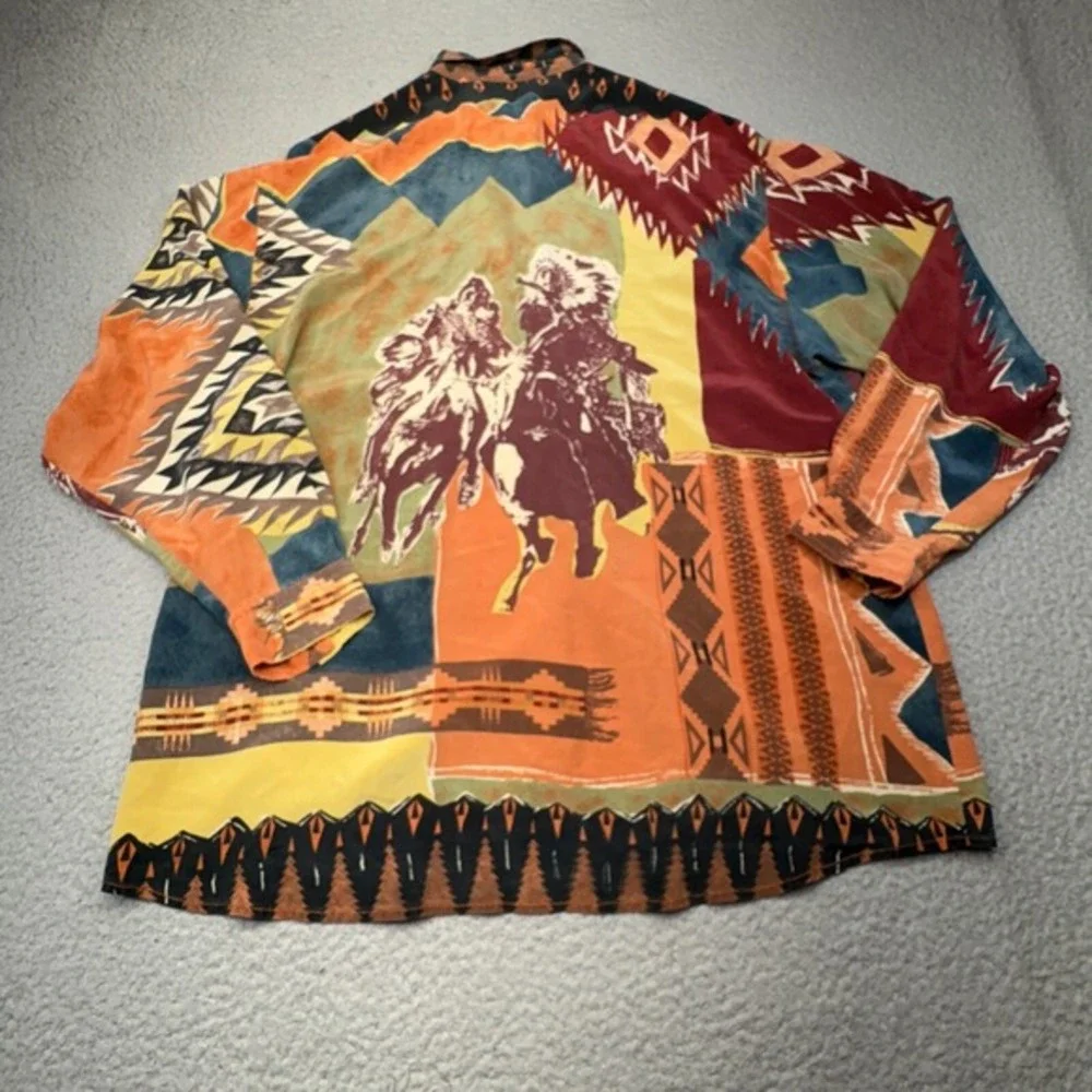VINTAGE Otto Kern Tunic Top Womens 10 Silk Indian Head Horse Art Boho Shirt 90s - Picture 1 of 13